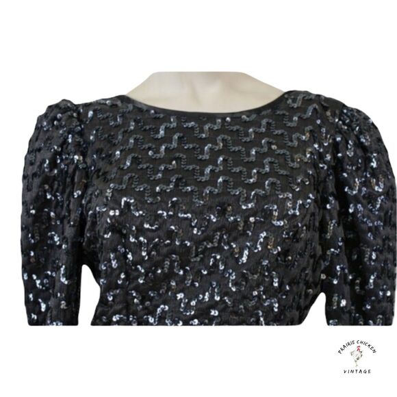 S / M Vintage 80s Silver Sequined Dress with puff skirt 33-27-36 Big Bow - Picture 3 of 5